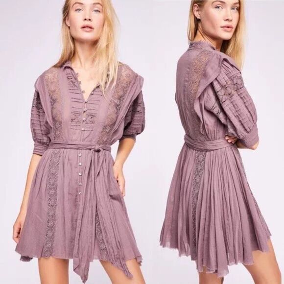 NWT Free People Sydney Dress XS Mini Plum Purple Boho Lace Embroidered Crochet - Picture 1 of 15